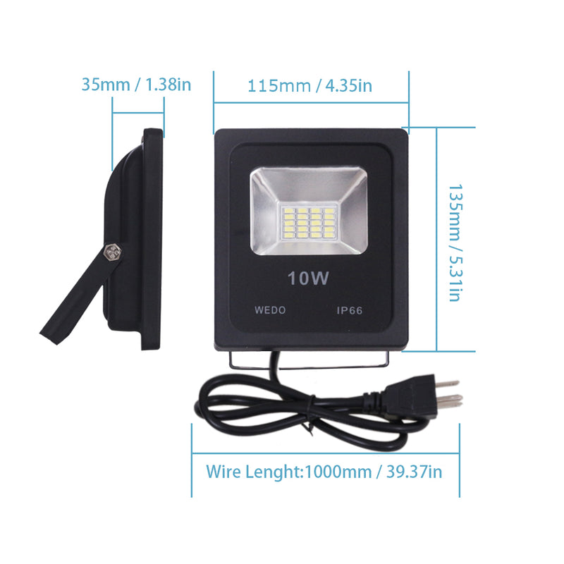 WEDO LED Flood Light 10W SMD LEDs 6500K Outdoor IP66 Waterproof Wall Garden Home Yard Pathways Floodlights with US Plug